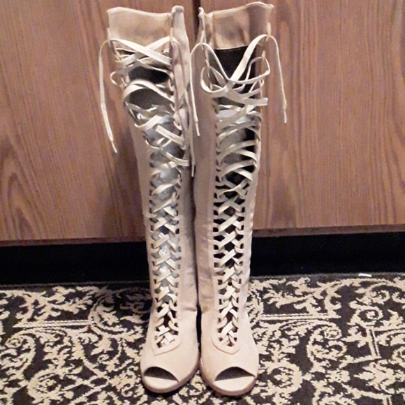 Yoki Shoes - LAST CALL faux suede lace up peep toe retro boots